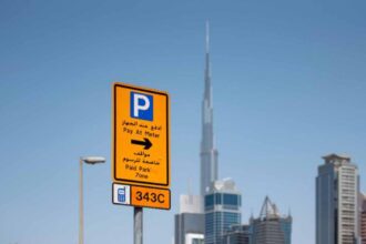 Dubai skyline with Metro and parking sign for Eid Al Adha holidays | FAME delivered