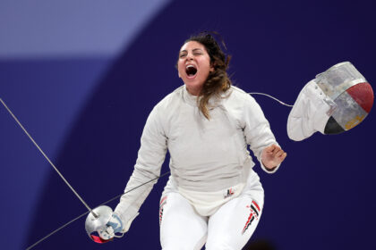 Nada Hafez of Team Egypt applauds fans after her victory against Elizabeth Tartakovsky of Team United States (not pictured) in the Fencing Women’s Sabre Individual Table of 32 on day three of the Olympic Games Paris 2024 at Grand Palais on July 29, 2024 in Paris, France. | Photo Credit: Getty Images