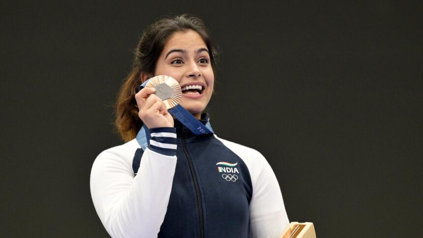 Manu Bhaker wins historic bronze in 10m air pistol shooting to get India off the mark at Paris Olympics(AP)
