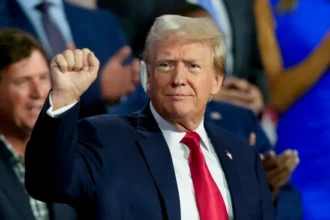 Republican presidential candidate former President Donald Trump is seen during the Republican National Convention Monday, July 15, 2024, in Milwaukee [Charles Rex Arbogast/AP]