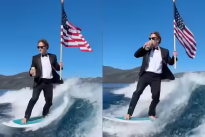 Mark Zuckerberg stuns netizens as he wishes ‘Happy Birthday America’ while surfing in tux with US flag in hand