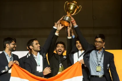 Members of India's Open team celebrate with the winner's trophy at the 45th FIDE Chess Olympiad in Budapest, Hungary, September 22, 2024 [Denes Erdos/AP]