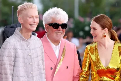 From left: Tilda Swinton, Pedro Almodóvar and Julianne Moore at 'The Room Next Door' premiere Getty Images