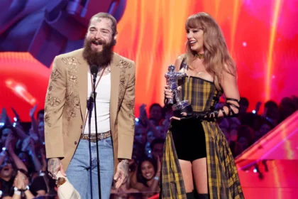 Post Malone and Taylor Swift accept the Best Collaboration award for "Fortnight" on stage during the 2024 MTV Video Music Awards Mike Coppola/Getty Images
