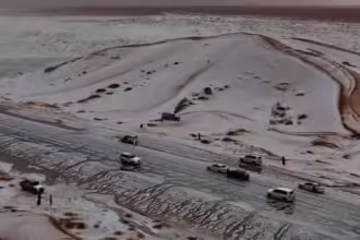 Saudi Arabia’s Al-Jawf region covered in snow. (X)