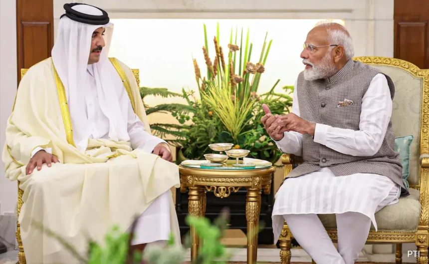 PM Narendra Modi welcomes Emir of Qatar Sheikh Tamim Bin Hamad Al-Thani at New Delhi airport on Monday (February 17). Image Courtesy: @MEAIndia/X