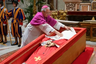 Pope Francis' coffin was sealed during a private ritual in St. Peter's Basilica. Photo: Francesco Sforza - Vatican Media via Vatican Pool/Getty