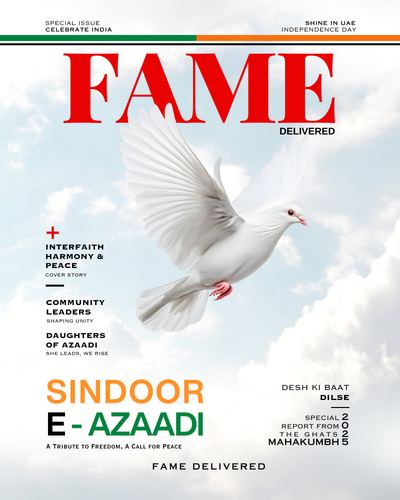FAME Delivered magazine cover featuring Sindoor E-Azadi with a white dove symbolising peace and freedom